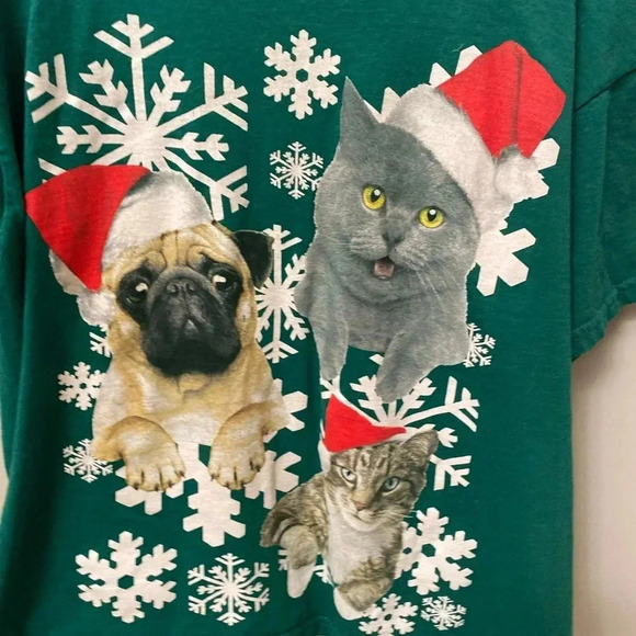 Kids small ugly Christmas tee cats dog pug Santa hat shirt snowflakes unisex - Picture 3 of 6